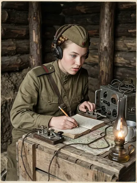 Связистка у полевой рации — пример ИИ-фото по промту