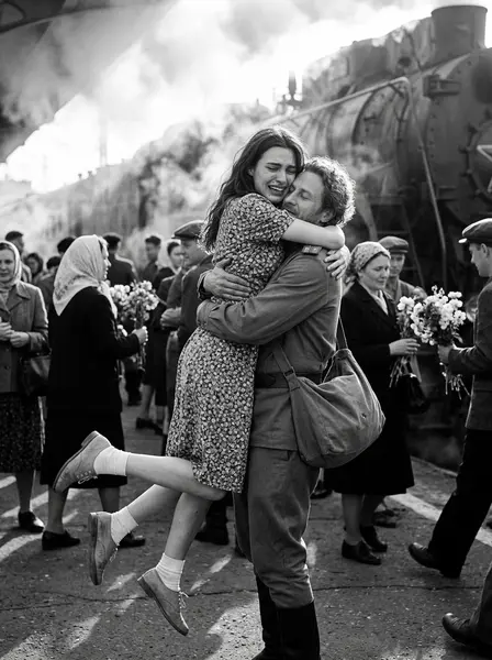 Встреча на вокзале, май 1945-го — пример ИИ-фото по промту