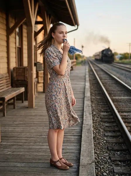 «Синий платочек» на перроне — пример ИИ-фото по промту
