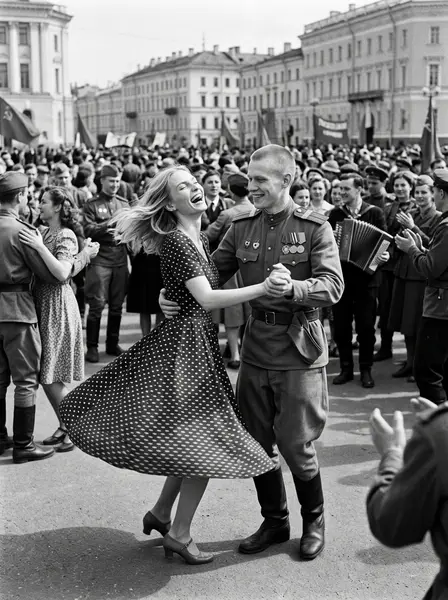 Вальс на площади в День Победы — пример ИИ-фото по промту