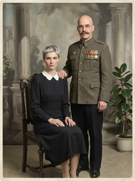Парадный снимок пары в фотоателье 1945-го — пример ИИ-фото по промту