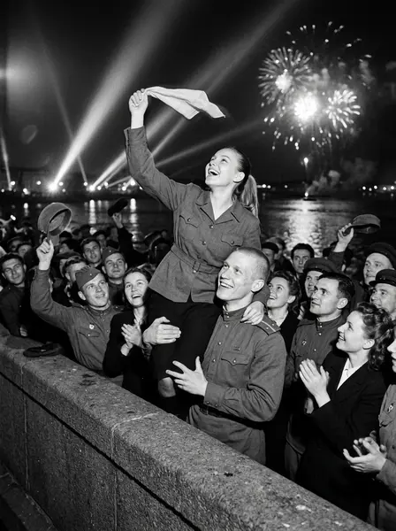 Салют Победы на мосту, 1945 — пример ИИ-фото по промту