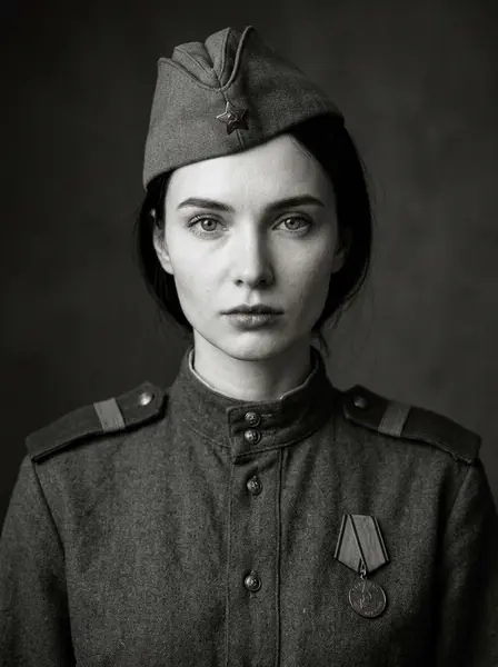 Ч/б портрет девушки в пилотке — пример ИИ-фото по промту