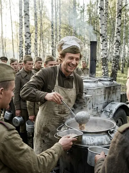Полевая кухня и котелок каши — пример ИИ-фото по промту