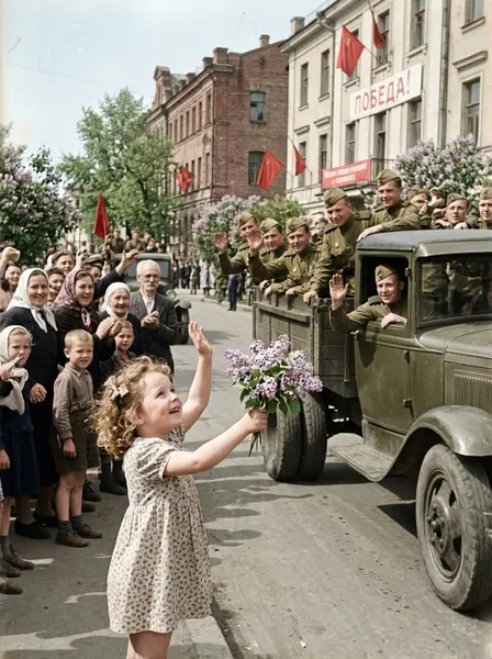 Девочка встречает солдат с цветами — пример ИИ-фото по промту