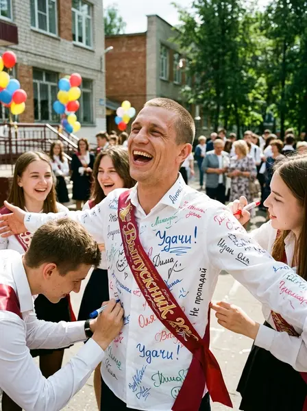Автограф на рубашке выпускника — пример ИИ-фото по промту