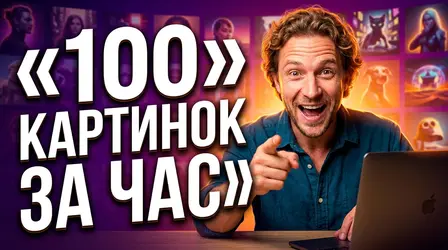 Мужчина у ноутбука указывает в камеру на фоне стены картинок, надпись «100 картинок за час»