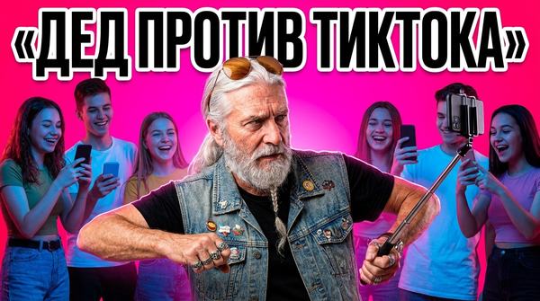 Седой бородатый мужчина танцует с селфи-палкой среди смеющихся подростков, надпись «Дед против тиктока»