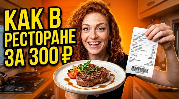 Кудрявая женщина с тарелкой стейка и чеком на кухне, надпись «Как в ресторане за 300 ₽»