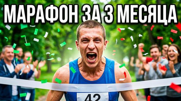Бегун в синей майке рвёт финишную ленту с победным криком, надпись «Марафон за 3 месяца»