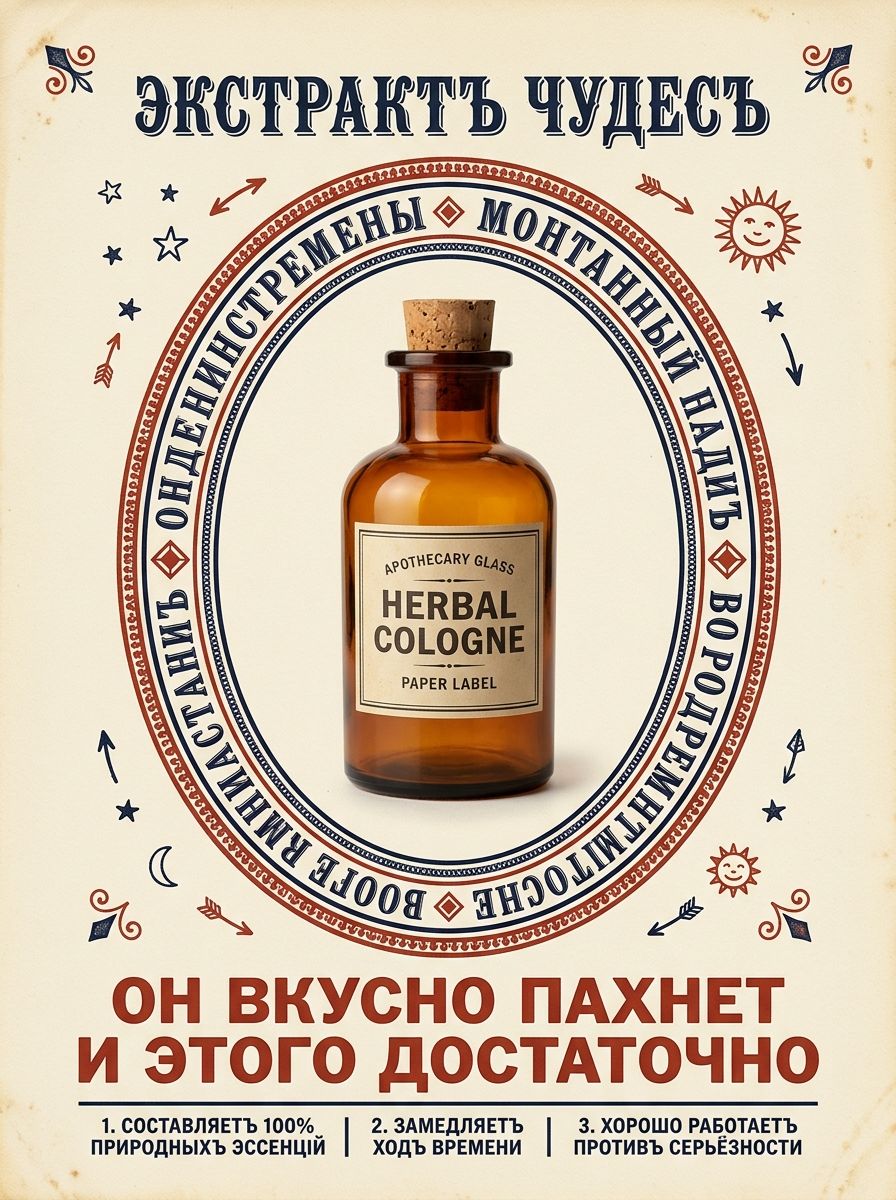 Янтарный аптекарский флакон с пробкой в овальной рамке на винтажном плакате с синими и красными орнаментами