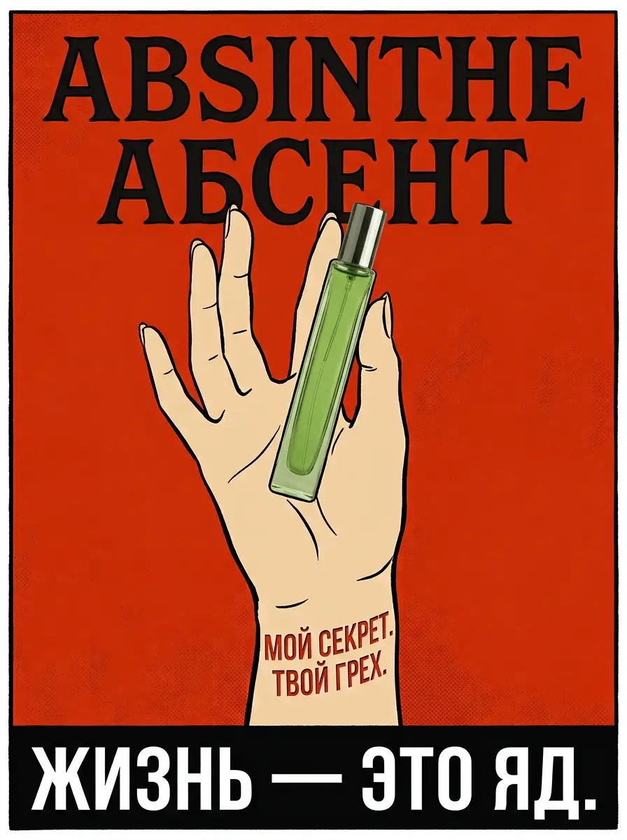 Нарисованная женская рука держит зелёный флакон духов на ярко-красном фоне в стиле афиш Мулен Руж