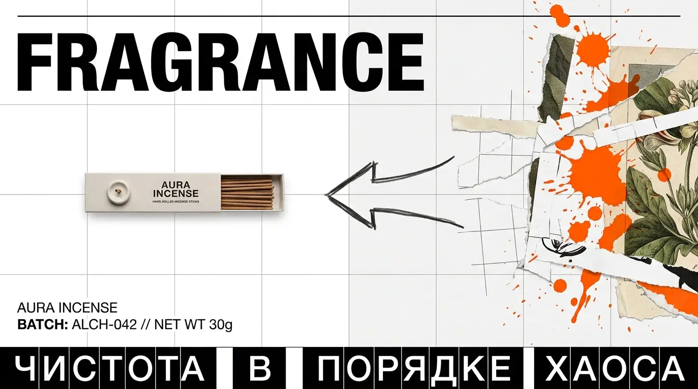 Коробка благовоний на белой сетке слева и яркий коллаж с оранжевыми брызгами справа, широкий формат