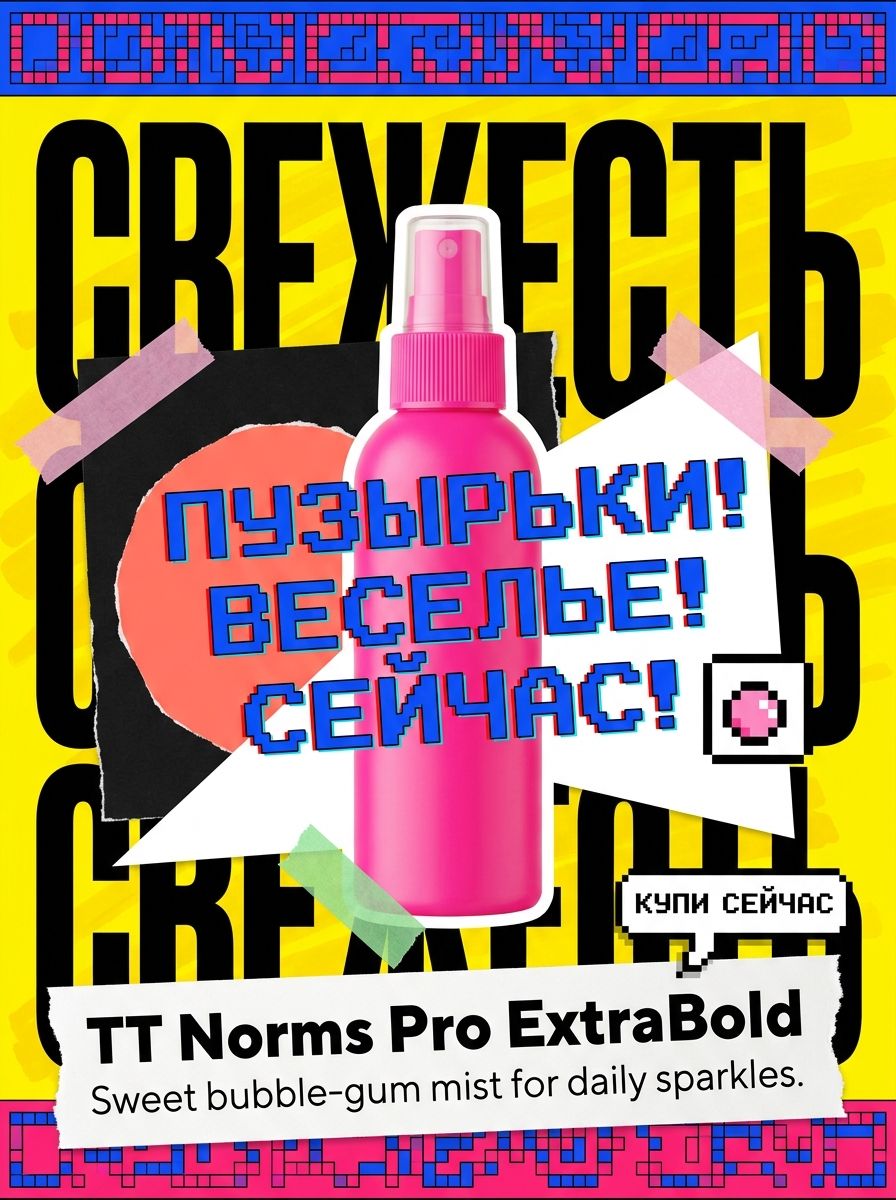 Розовый флакон спрея для тела на кислотно-жёлтом фоне с пиксельными рамками, фигурами и скотчем
