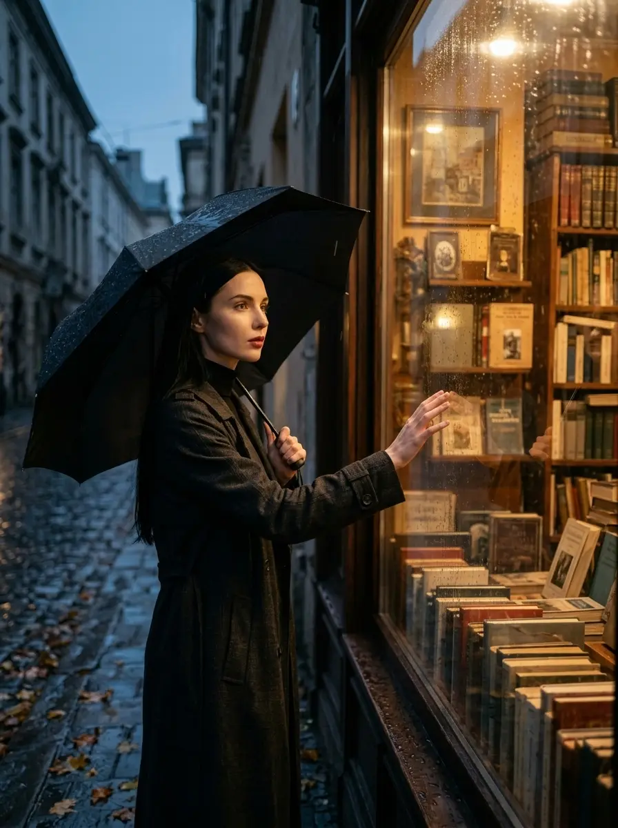 Витрина книжного под дождём — пример ИИ-фото по промту