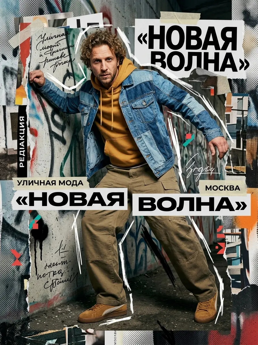 Кудрявый мужчина в джинсовой куртке и горчичном худи на фоне граффити и надписи «Новая волна»