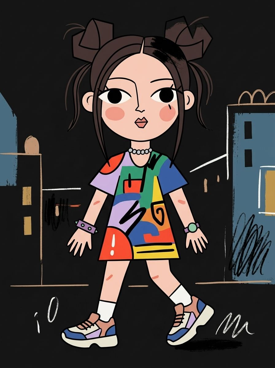Векторная kawaii-девушка с большими глазами в разноцветном платье на тёмном фоне с домами