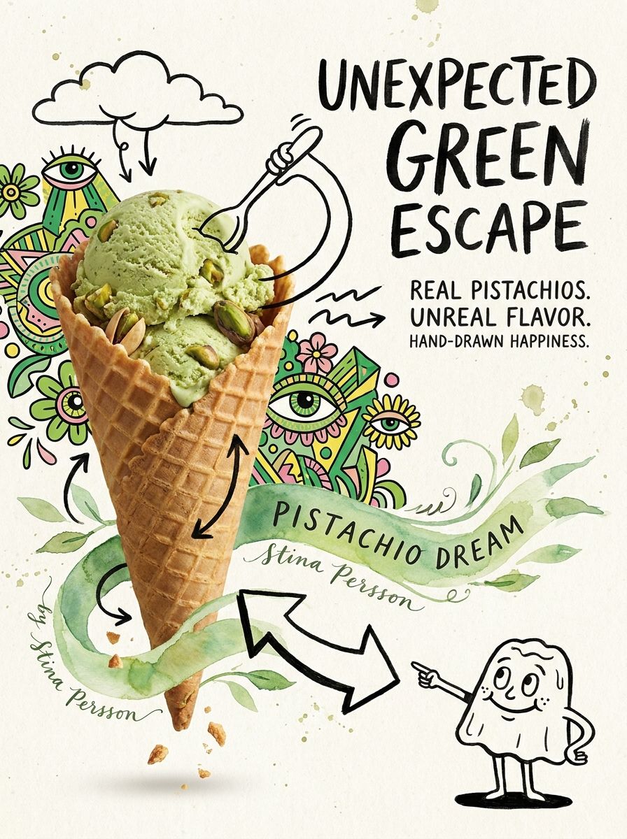Рожок фисташкового мороженого среди рисованных дудлов и стрелок, надпись UNEXPECTED GREEN ESCAPE