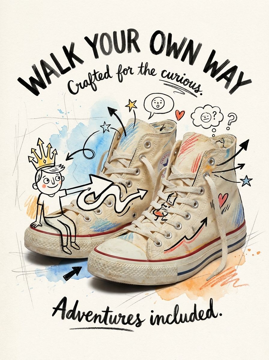 Высокие кеды с акварельными пятнами и рисованными дудлами, надпись WALK YOUR OWN WAY