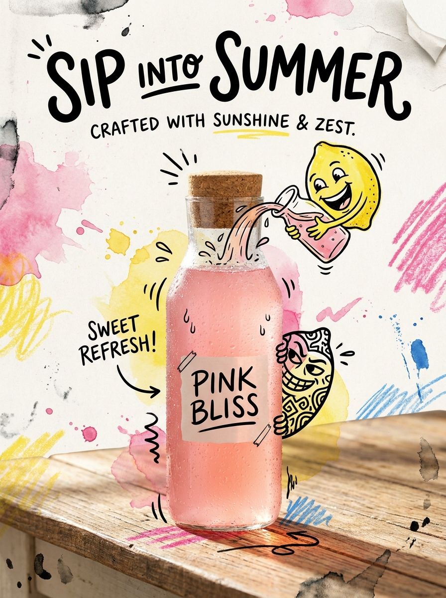 Бутылка розового лимонада с рисованным смеющимся лимоном, заголовок SIP INTO SUMMER
