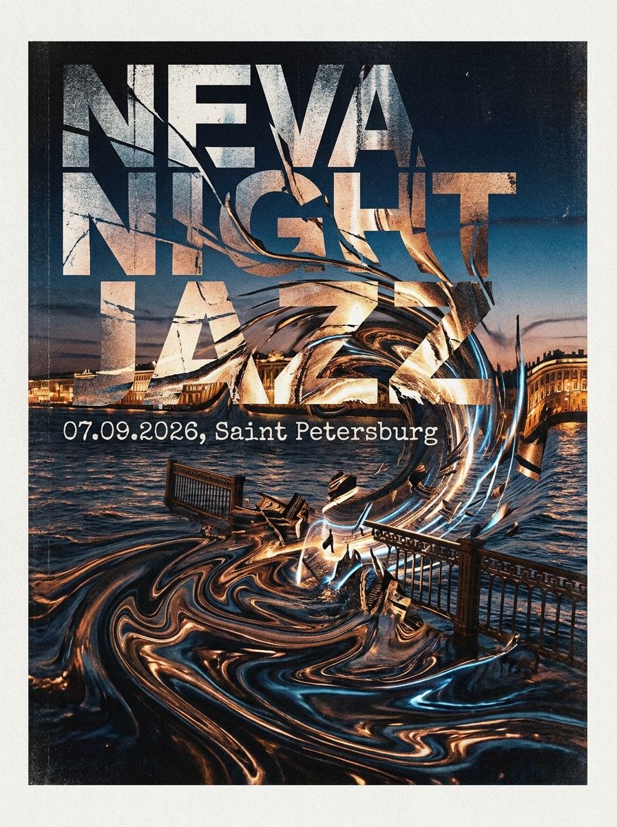 Афиша NEVA NIGHT JAZZ: разорванные буквы над ночной набережной и золотыми вихрями реки