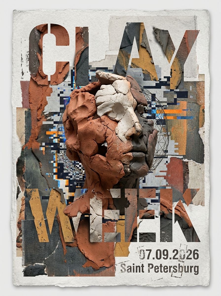 Афиша CLAY WEEK: вылепленное из глины лицо среди рваной бумаги и крупных букв