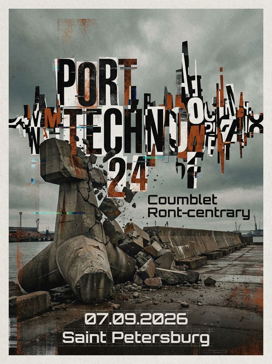 Афиша PORT TECHNO 24: глитч-буквы над бетонным волнорезом в порту под серым небом