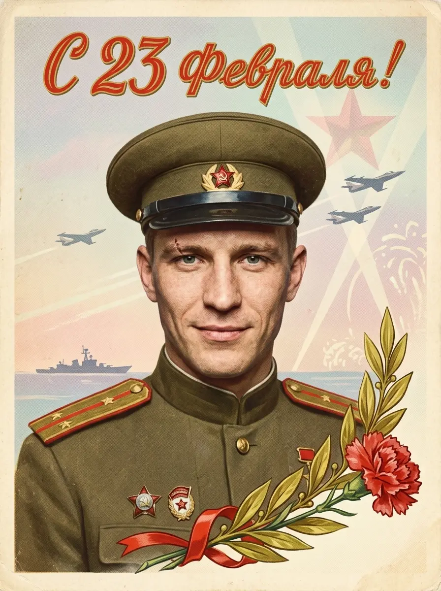 Советская открытка «С 23 Февраля!» — пример ИИ-фото по промту