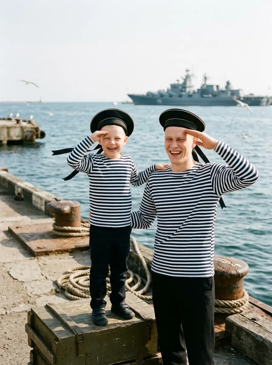 Папа и сын в одинаковых тельняшках — пример ИИ-фото по промту