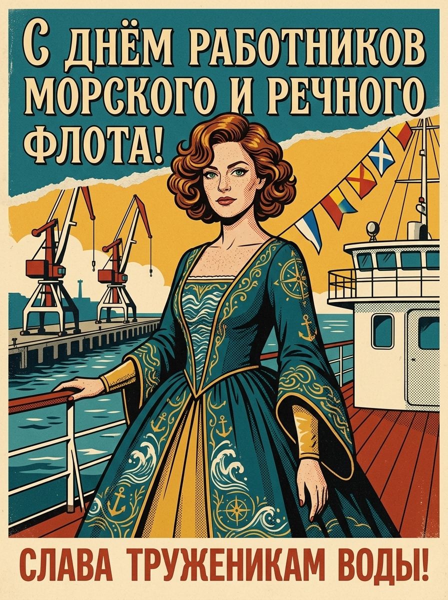 Кудрявая девушка в бирюзовом платье на палубе теплохода у портовых кранов, ретро-плакат