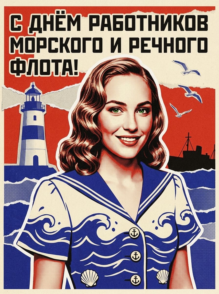 Улыбающаяся девушка в матросском платье на ретро-плакате с маяком, волнами и чайками