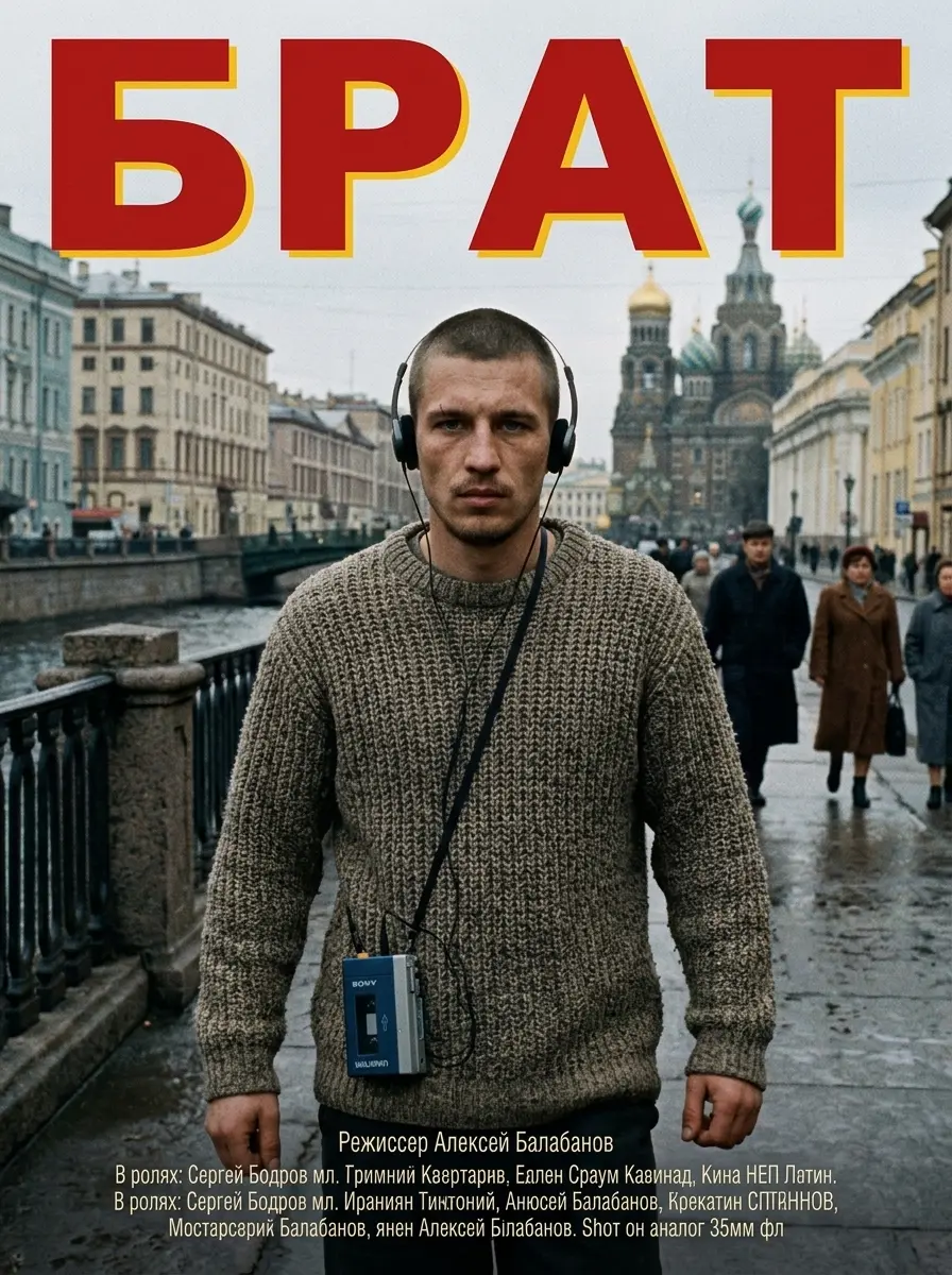 Мужчина в вязаном свитере и наушниках идёт по серой набережной Петербурга, постер «Брат»