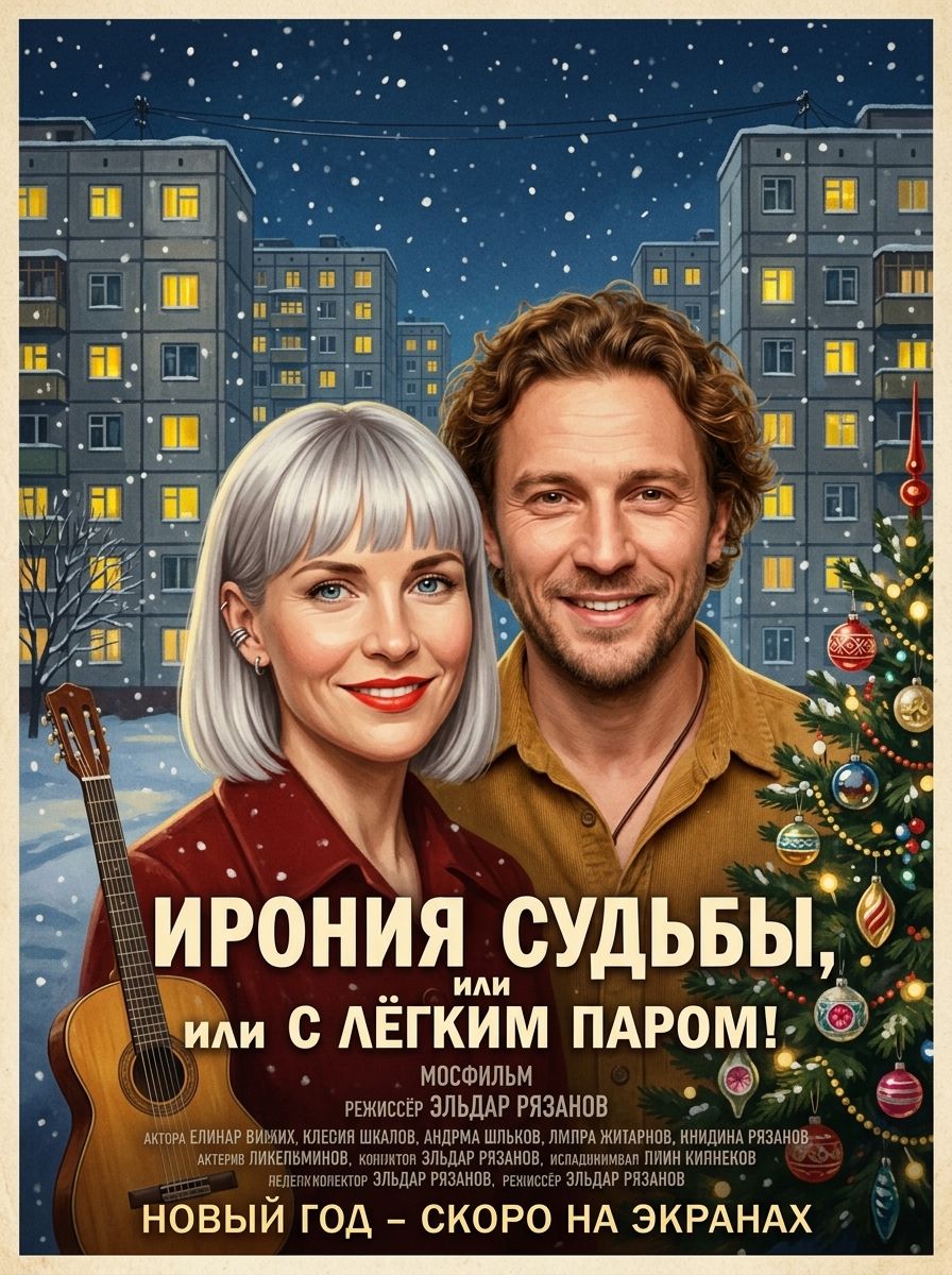 Седая женщина и мужчина на фоне заснеженных панелек и ёлки, советская афиша «Ирония судьбы»