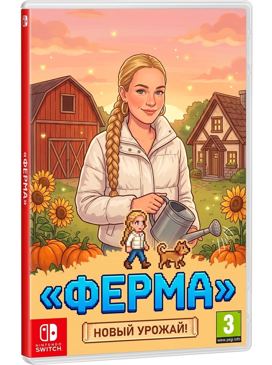 Девушка с лейкой среди тыкв и амбара и её пиксельный спрайт на обложке игры «Ферма»