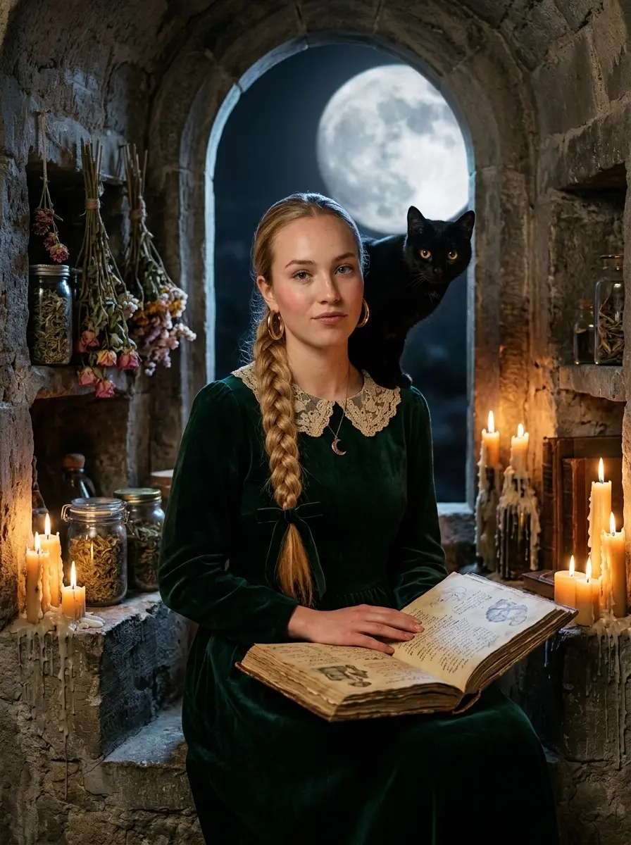 Ведьма и чёрный кот в башне — пример ИИ-фото по промту
