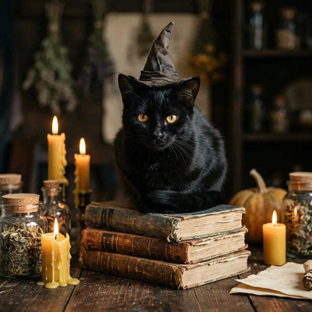 Чёрный кот в шляпе ведьмы — пример ИИ-фото по промту