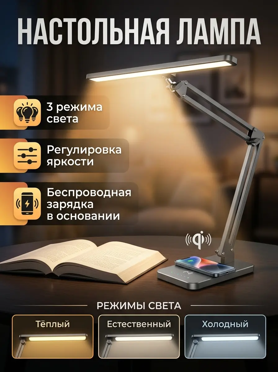 Карточка настольной лампы: режимы — пример ИИ-фото по промту