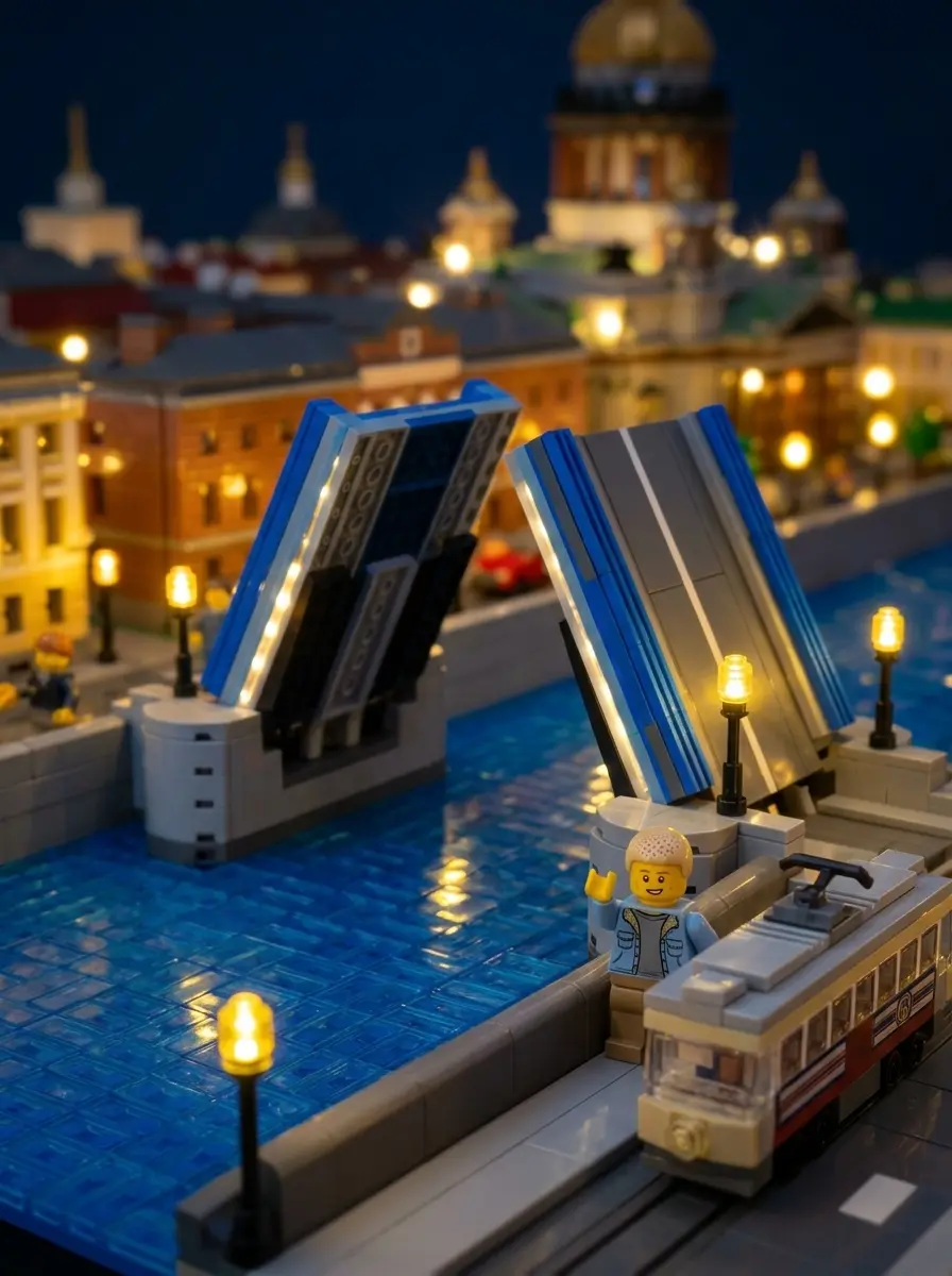 Ночная LEGO-диорама Петербурга с разведённым мостом, фонарями и трамваем на набережной