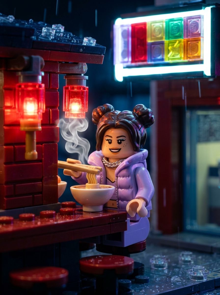 LEGO-минифигурка девушки ест рамен палочками у стойки под красными фонарями и неоновой вывеской