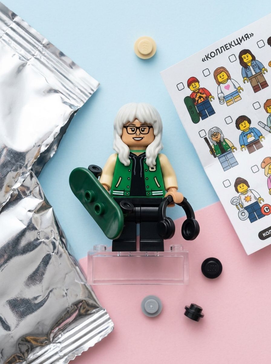 LEGO-минифигурка в очках и зелёном бомбере со скейтом рядом с фольгированным пакетиком и буклетом