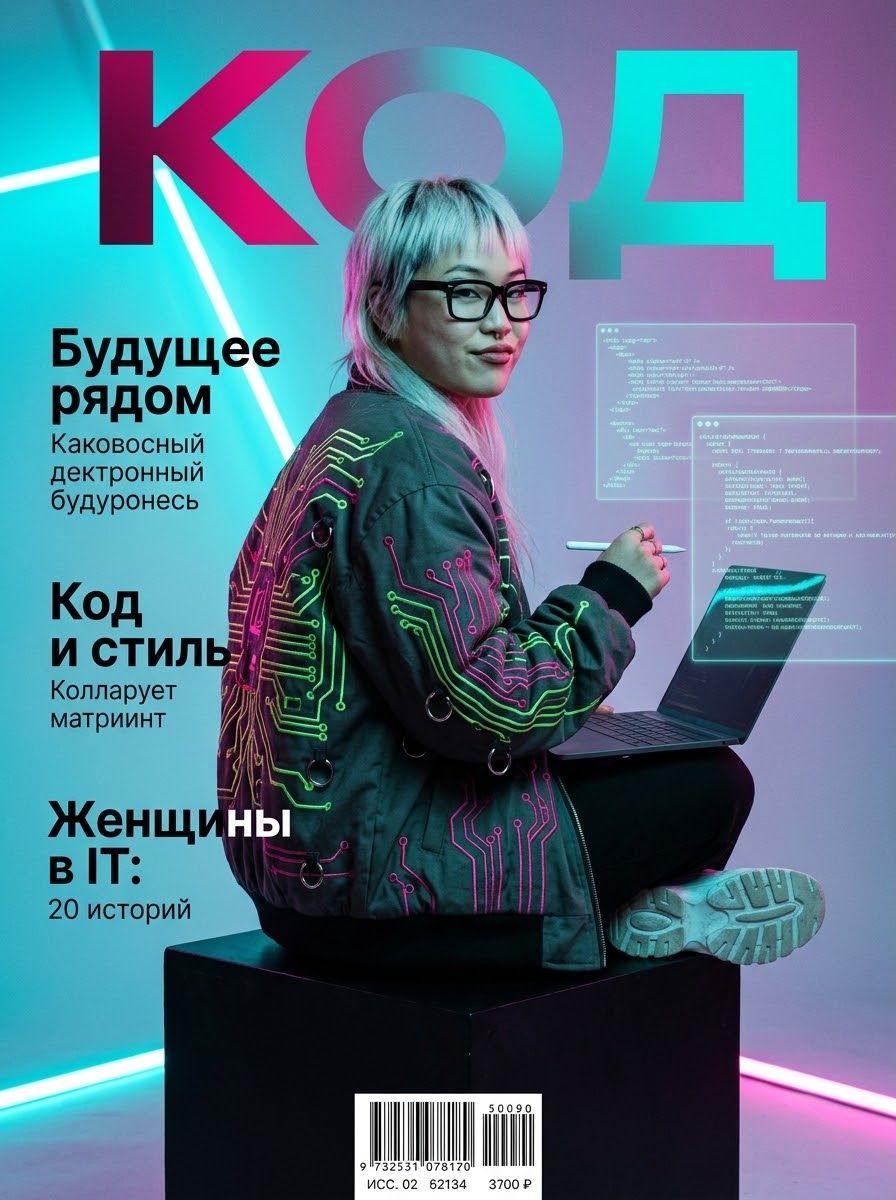 Девушка с ноутбуком на коленях сидит в неоновой студии с экранами кода под крупным логотипом журнала.