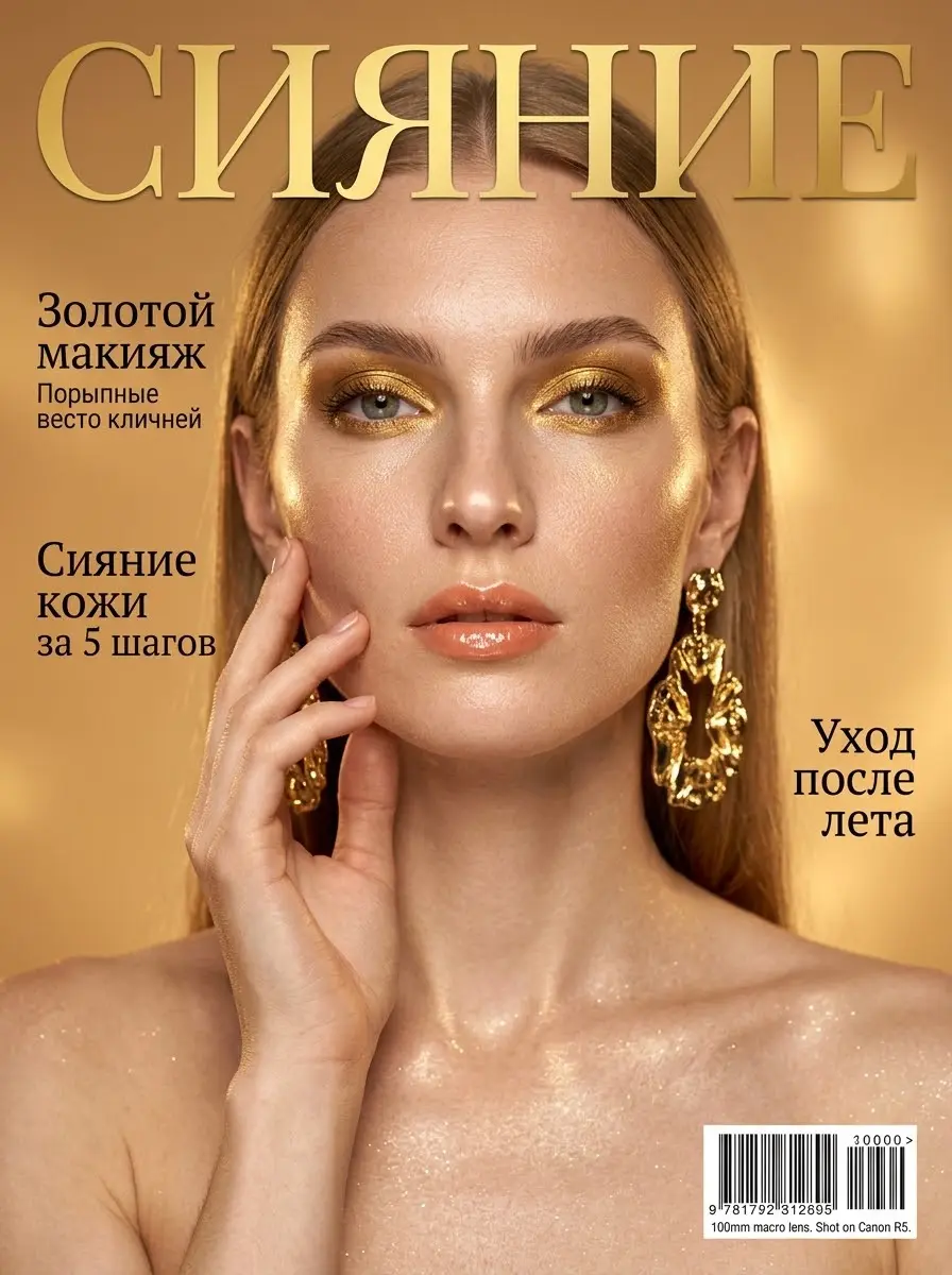 Крупный план лица с золотым макияжем и массивными серьгами, пальцы касаются скулы, сверху название журнала.