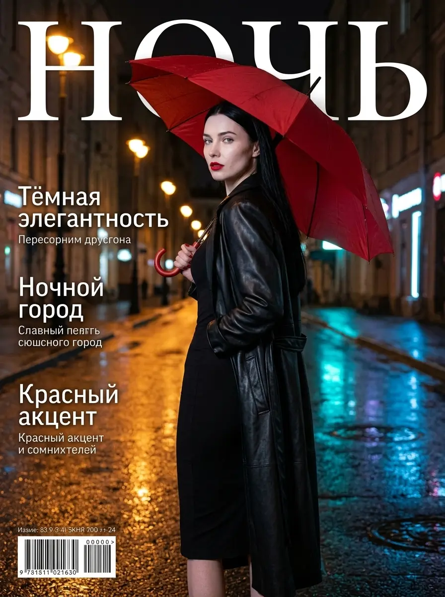 Девушка в чёрном платье и кожаном тренче стоит с красным зонтом под фонарём на мокрой ночной улице.