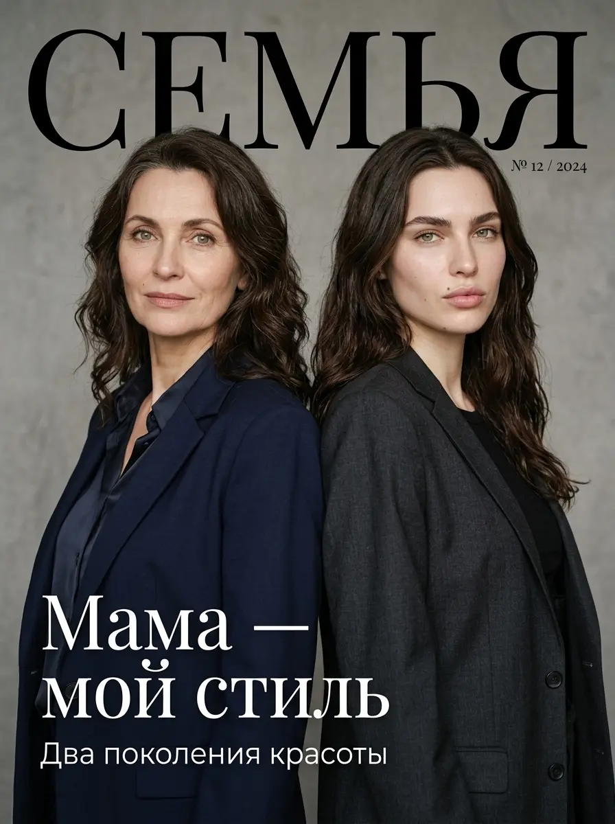 Мама и дочь на обложке журнала — пример ИИ-фото по промту
