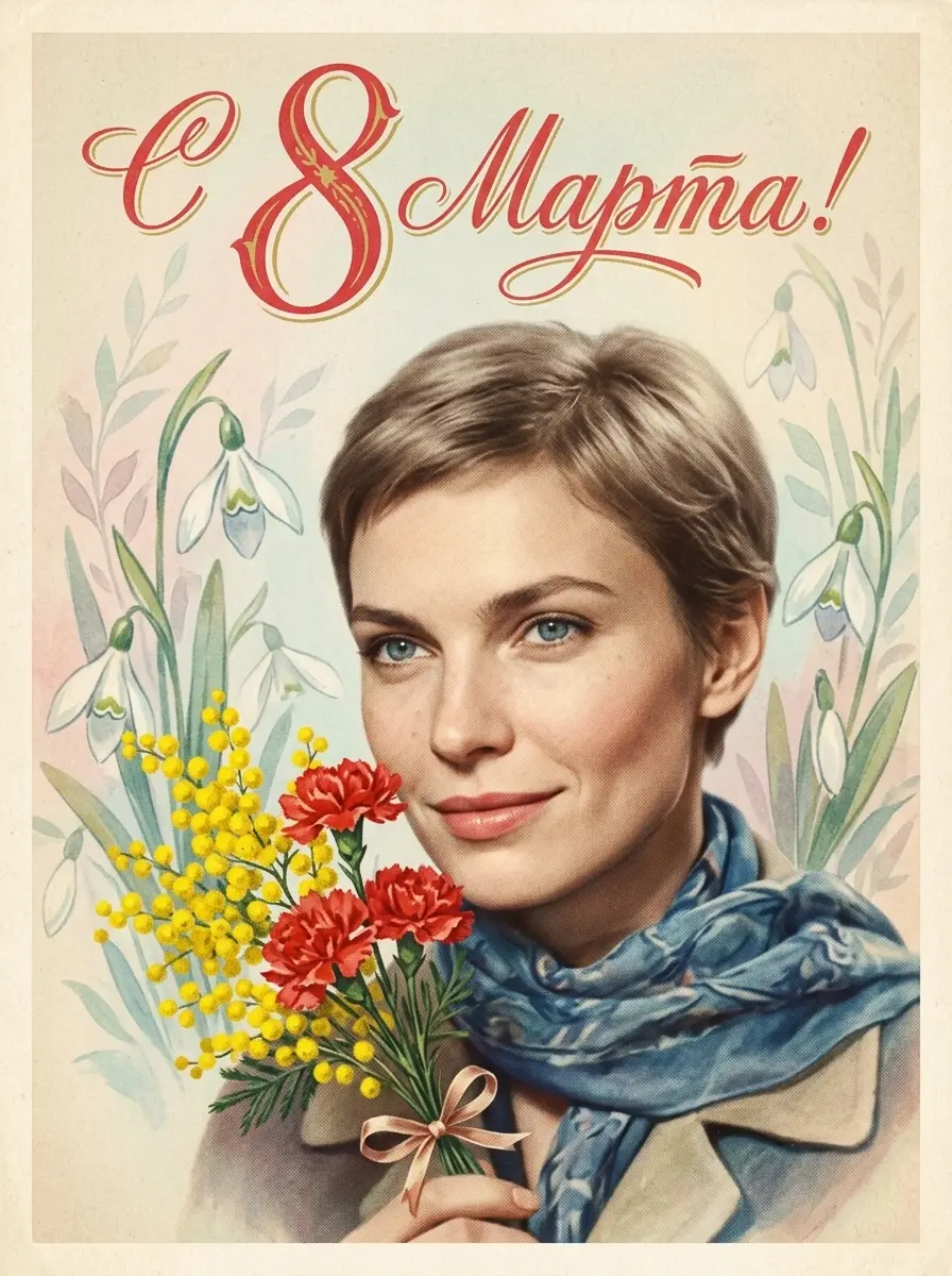 Советская открытка «С 8 Марта!» — пример ИИ-фото по промту