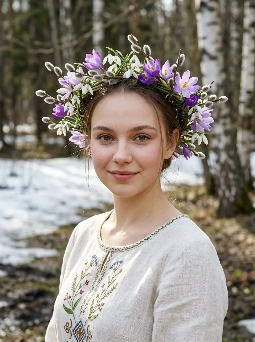 Венок из подснежников и первоцветов — пример ИИ-фото по промту