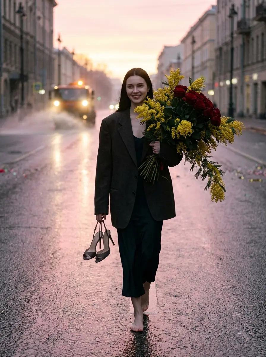 Пустой утренний город и огромный букет — пример ИИ-фото по промту