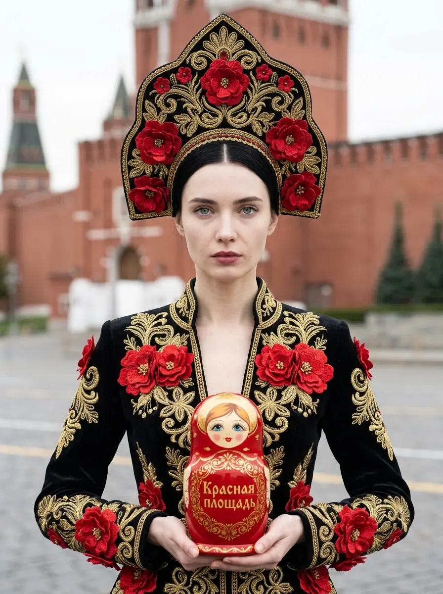 Девушка в кокошнике и чёрном бархатном костюме с красными цветами держит матрёшку у кирпичной стены