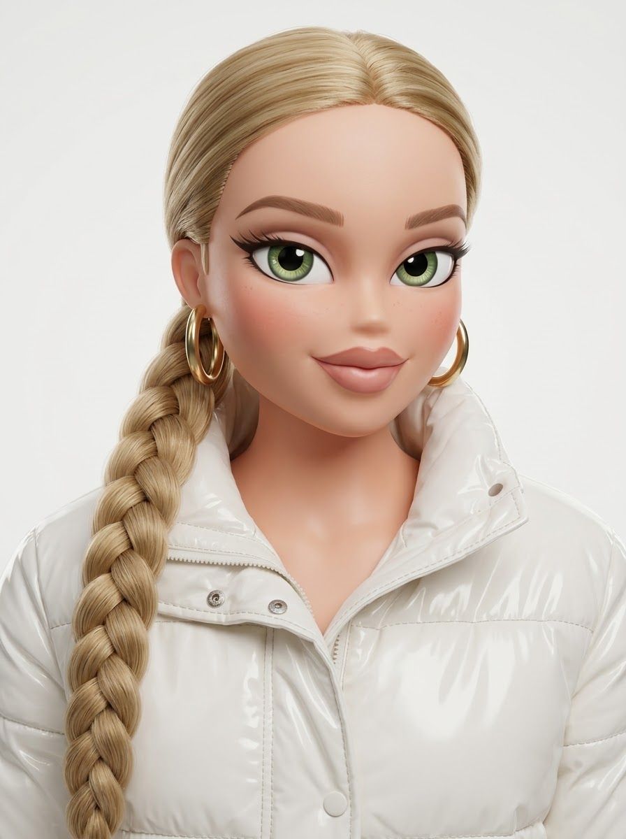 Девушка в виде 3D-куклы Bratz в той же одежде и с той же причёской на белом фоне