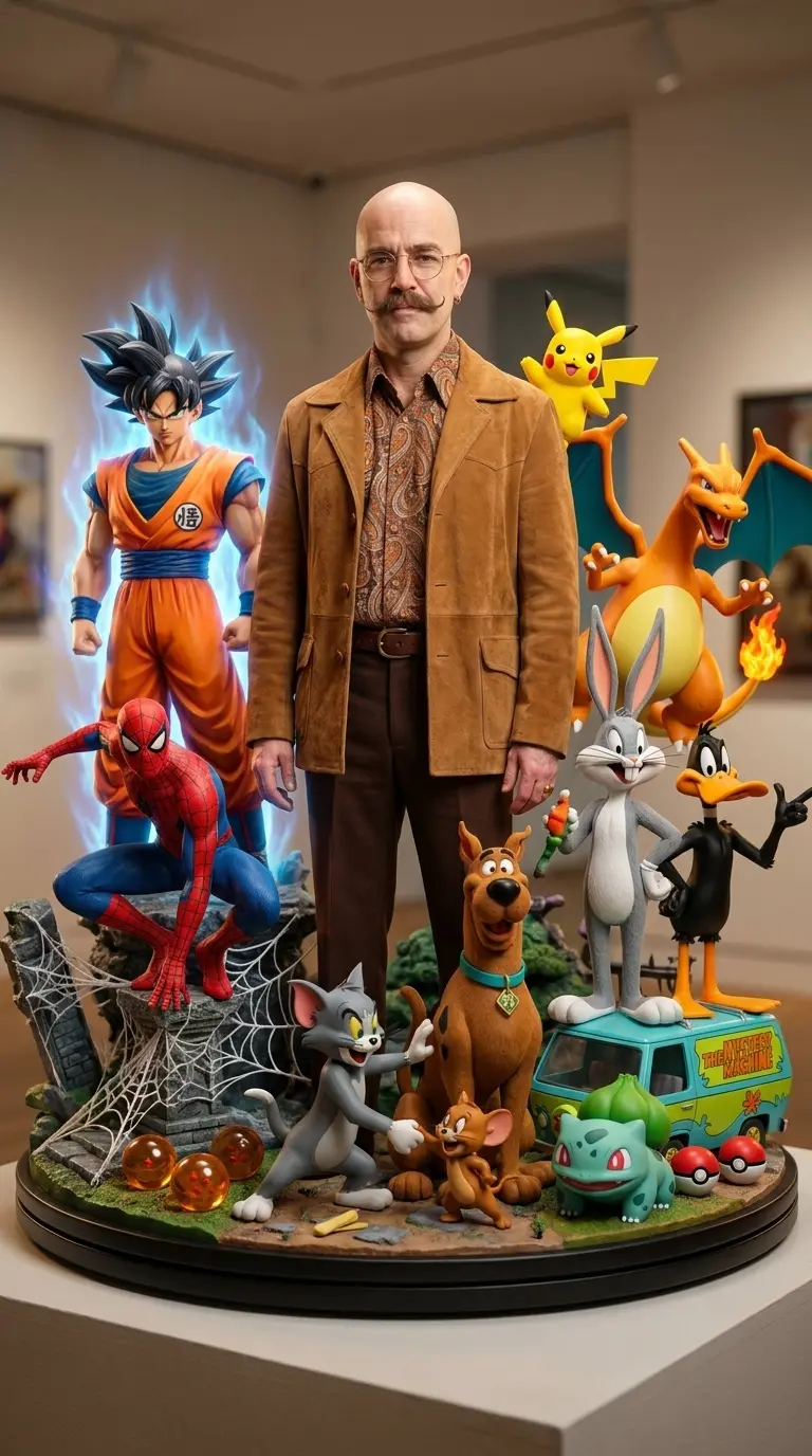 Мужчина в центре игрушечной диорамы среди фигурок Человека-паука, Тома и Джерри и покемонов